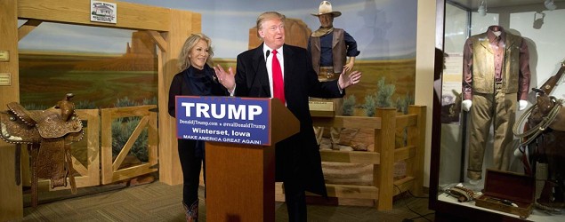 Republican presidential candidate Donald Trump is joined by John Wayne's daughter, Aissa Wayne, during a news conference at the John Wayne Birthplace Museum. (AP)